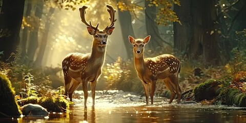Wall Mural - nature wildlife scene with majestic brown deer in forest wild animals portrait in wilderness beautif