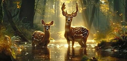Wall Mural - nature wildlife scene with majestic brown deer in forest wild animals portrait in wilderness beautif