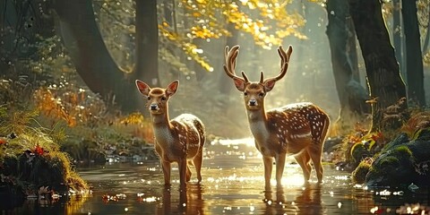 Wall Mural - nature wildlife scene with majestic brown deer in forest wild animals portrait in wilderness beautif
