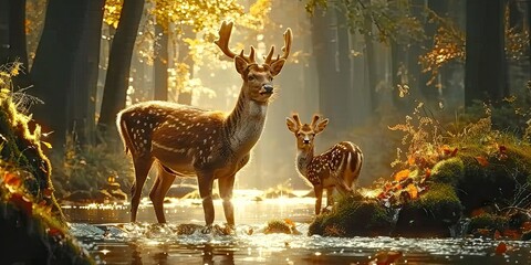 Wall Mural - nature wildlife scene with majestic brown deer in forest wild animals portrait in wilderness beautif