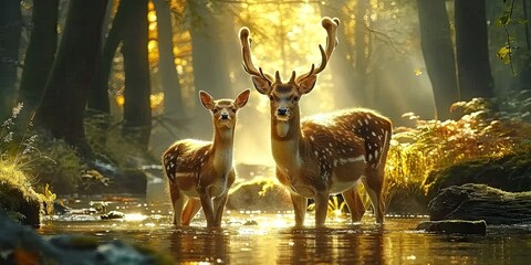 Wall Mural - nature wildlife scene with majestic brown deer in forest wild animals portrait in wilderness beautif