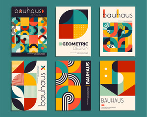 Poster - Geometric posters with abstract patterns, vector mosaic modern backgrounds. Scandinavian or Swiss Geometric color art and shapes patterns with abstract geometric mosaic for posters or covers