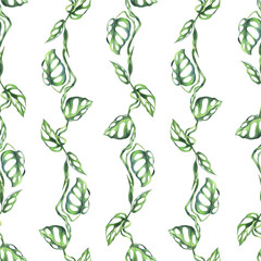 Wall Mural - Tropical palm leaves, monstera, liana, monkey mask bright juicy green. Hand drawn watercolor botanical illustration. Seamless pattern on a white background