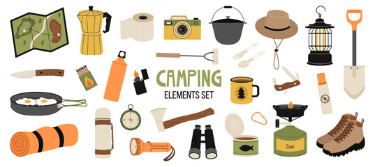 camping and hiking stickers set. vector hand drawn illustration collection of outdoor recreation ele