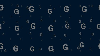 Poster - Capital letter G symbols float horizontally from left to right. Parallax fly effect. Floating symbols are located randomly. Seamless looped 4k animation on dark blue background