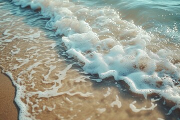 Poster - A close-up shot capturing the beauty and power of a wave crashing onto the beach. Perfect for illustrating the strength of nature and the calming sound of the ocean.