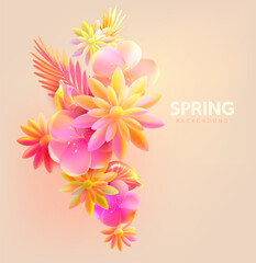 Wall Mural - Realistic 3d flowers illustration. Gentle floral composition. Spring vector template.