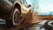 Car wheel on steppe terrain splashing with dirt. Car racing offroad
