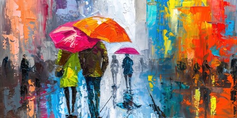 Poster - People walking in the rain with umbrellas. Suitable for weather-related designs and concepts