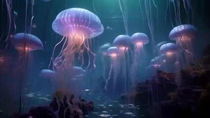 Wall Mural - descend into an underground aquarium filled with floating jellyfish and bioluminescent sea creatures