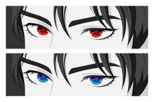 Black And White Banners With Bright Anime Eyes Red And Blue. Vector Illustration In The Style Of Japanese Cartoons