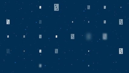 Poster - Template animation of evenly spaced Three of diamonds playing cards of different sizes and opacity. Animation of transparency and size. Seamless looped 4k animation on dark blue background with stars