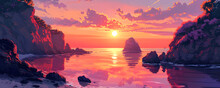 Beautiful Sea Sunset On A Tropical Island. Seascape Illustration In Warm Reddish Tones.