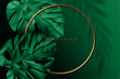 Exotic dark green banner, cover design. Floral background polygonal tropical leaf of Monstera plant low poly. Premium gold circle frames, vector template for lux invitation party, luxury voucher, card
