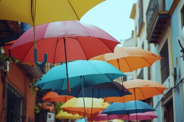 Poster - Colorful umbrellas hanging from the side of a building. Perfect for adding a pop of color to any urban scene