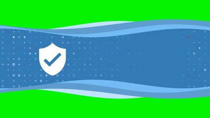 Poster - Animation of blue banner waves movement with white protection mark symbol on the left. On the background there are small white shapes. Seamless looped 4k animation on chroma key background