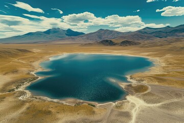 Poster - A stunning image of a large body of water surrounded by a vast desert landscape. Perfect for illustrating the contrast between the arid desert and the refreshing oasis.