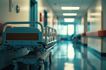Poster - A hospital room with a row of beds. Suitable for medical and healthcare related concepts