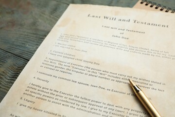 Poster - Last Will and Testament and pen on rustic wooden table, closeup