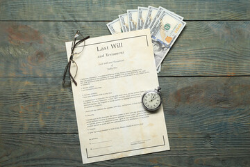 Wall Mural - Last Will and Testament, glasses, pocket watch and dollar bills on rustic wooden table, flat lay