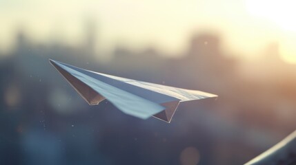 Poster - A paper airplane soars through the sky above a bustling city. This image can be used to represent dreams, freedom, adventure, or travel