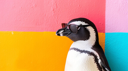 Wall Mural - Cool Penguin Vibes with sunglasses in studio with a colorful and bright background. AI Generative