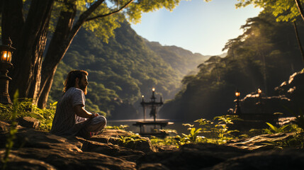 person sitting on a rock