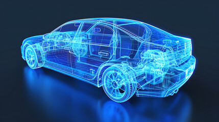 Blue wireframe transparent engine car blueprints. Blue wire-frame of car isolated on black background.
