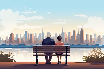 Wall Mural - senior couple sit o a bench with city view illustration