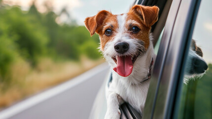 cute happy dog looking out of car window. Dog travel by car enjoying road trip. AI Generative