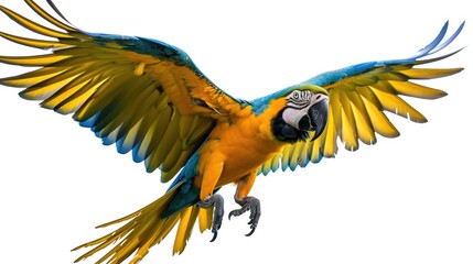 Poster - A vibrant blue and yellow parrot soaring through the air. Perfect for adding a touch of color and nature to any project