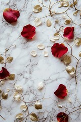 Poster - A beautiful arrangement of red and white flowers displayed on a marble table. Perfect for adding a touch of elegance to any space