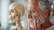 Elderly man with jaw pain next to human skull model