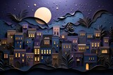Fototapeta  - Paper quilling City night Landscape, purple Town Scene, Paper Art,  Wallpaper Background, AI generated