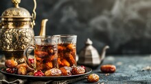 Ramadan Food And Drinks Concept. Ramadan Tea And Dates Fruits On Dark Background.