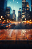 Fototapeta Londyn - Wooden table bokeh city view background, empty wood desk tabletop counter surface product display mockup with blurry cityscape lights abstract backdrop presentation. Mock up, copy space.