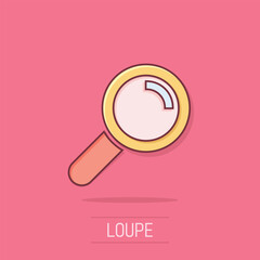 Sticker - Loupe sign icon in comic style. Magnifier vector cartoon illustration on isolated background. Search business concept splash effect.