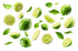 Isolated collection of fresh green lime leaves and slices, showcasing organic, juicy citrus goodness with a touch of yellow