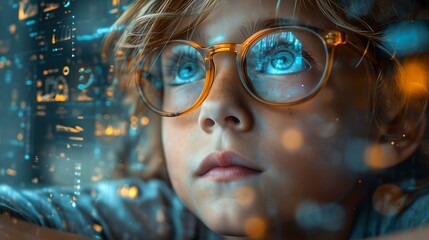 Wall Mural - curious child gazing through window, digital world reflection in glasses. future vision. ai