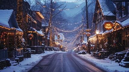 Aufkleber - A picturesque snowy street adorned with twinkling Christmas lights. Perfect for holiday-themed designs and festive greetings