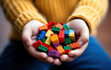 hands holding plastic Lego blocks created with Generative AI technology