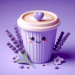 Wall Mural - Paper cup of coffee fly with violet heart, with lavender, 3d illustration, render, in cute style, in cartoon style, high quality, on violet background. Advertising: brewed coffee for Valentine’s Day.