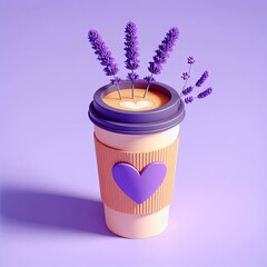 Wall Mural - Paper cup of coffee fly with violet heart, with lavender, 3d illustration, render, in cute style, in cartoon style, high quality, on violet background. Advertising: brewed coffee for Valentine’s Day.