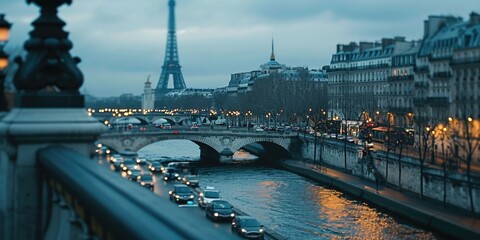 Poster - A picture of a bridge over a river with cars driving across. Can be used to depict transportation, infrastructure, or urban scenery