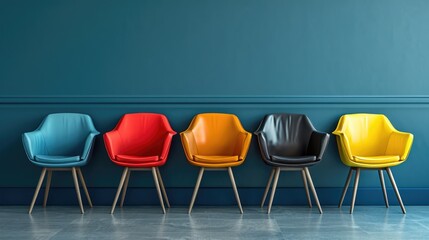 Aufkleber - Colorful chairs lined up against a vibrant blue wall. Perfect for adding a pop of color to any space