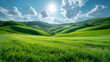 © jp - un paysage pittoresque de collines verdoyantes couvertes d'une herbe luxuriante. Le soleil brille dans un ciel bleu clair, projetant de la lumière et créant des ombres sur le terrain. Des nuages blanc