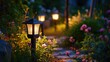 A pathway with a lamp in the middle. Suitable for outdoor and garden themes