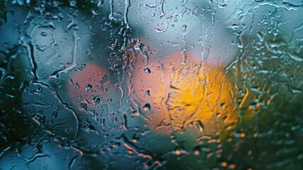 Poster - Rain droplets on a windowpane, creating a blurred effect. Perfect for adding a touch of moodiness to any project