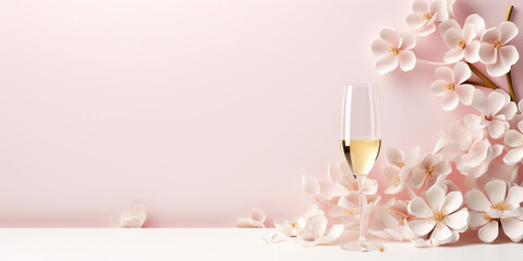 Wall Mural - Wine glasses and flowers on pink background. Concept for marketing banner, wedding greeting card, social media, Valentines Day, engagement, birthday, love message, celebration, beauty and fashion.