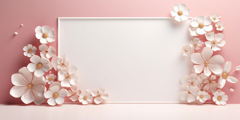 Wall Mural - Blank frame decorated with flowers on the pink background. Concept for marketing banner, wedding greeting card, social media, Valentines Day, Birthday, Women's Day, Mother's day, beauty and fashion.